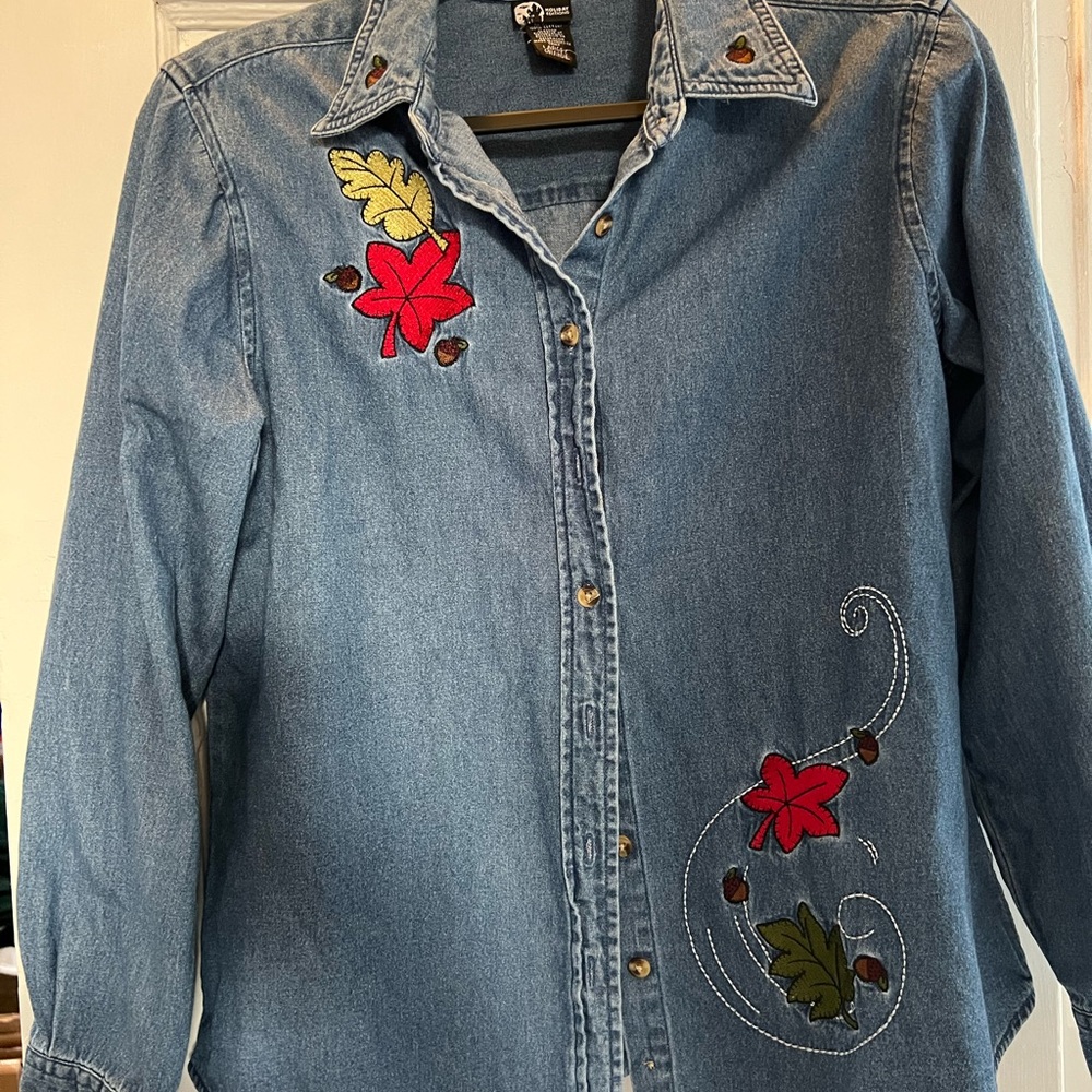 Fall Embroidered Denim Shirt with Leaf Accents